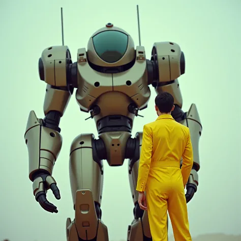 Prompt:

a detailed photo captured in Super Panavision 70. a giant futuristic robot next to a person in a striking yellow outfit. The robot has a rounded dome head with a transparent visor, robust limbs, and intricate design. The person stands composed in ...