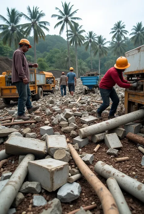 Workers sort chaotic materials such as concrete, plastic, metal and trees in the open air in Indonesia. Specialised machines process the materials and workers troubleshoot. Blueprints and procedures for recycling systems illustrate the complexity of the se...