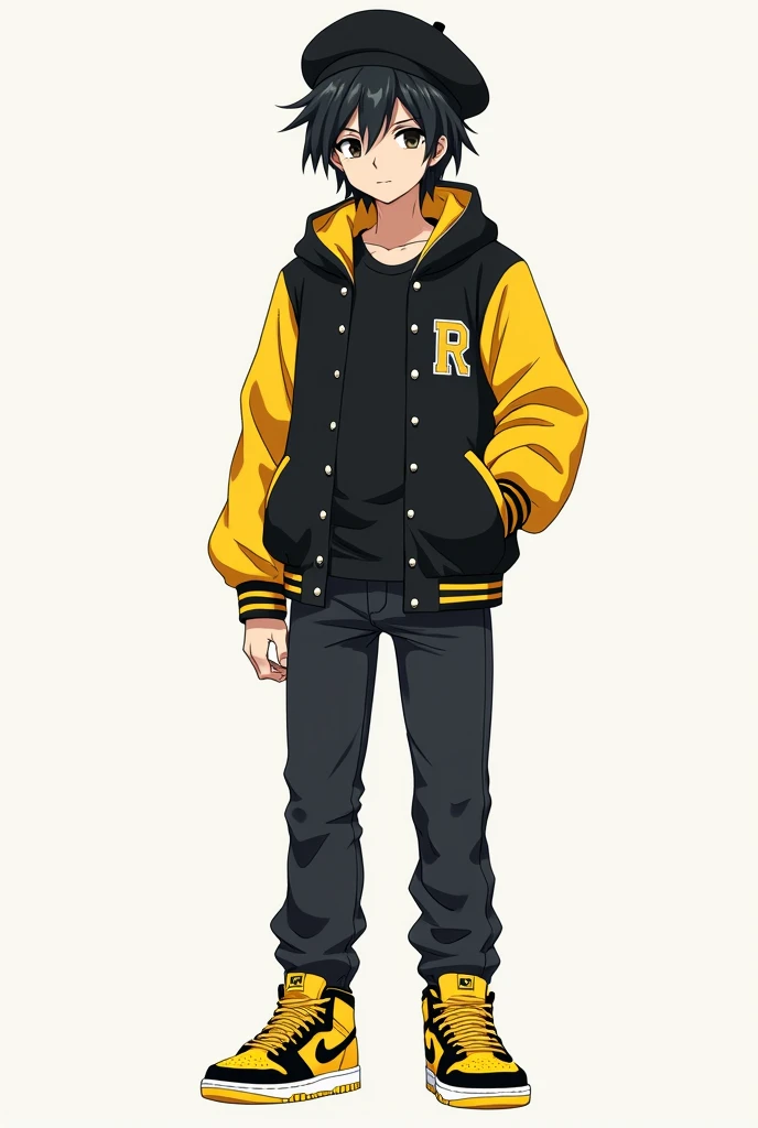 really tall  tall 2 meters tall japanese boy disheveled hair wearing black beret black and yellow baseball jacket yellow stripes on neck and full yellow sleeves  black t shirt black denim pants and black and yellow nike dunk high sneakers yellow laces show...