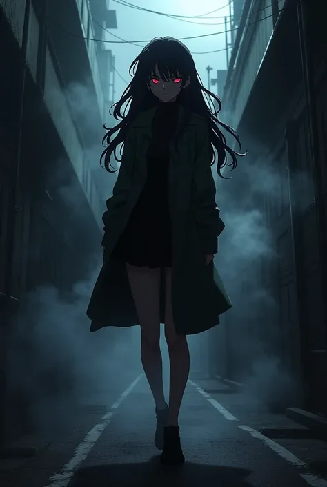 Boku no hero açademia ,  smoke template with 18-year-old girl silhouette ,  Long wavy hair,  red eyes and is in an alley 