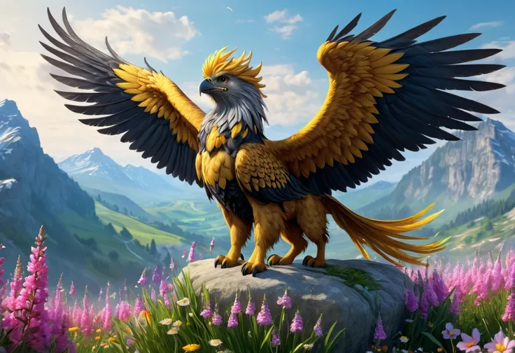 A griffon is standing on a rock in a field of flowers,  beautiful digital art work, 4k  EXQUISITE DIGITAL ART,  8K high quality detailed art , BEAUTIFUL 4K ART ,  beautiful digital art , very  beautiful digital art ,  EXQUISITE DIGITAL ART, 美しいデジタルペインティング,...