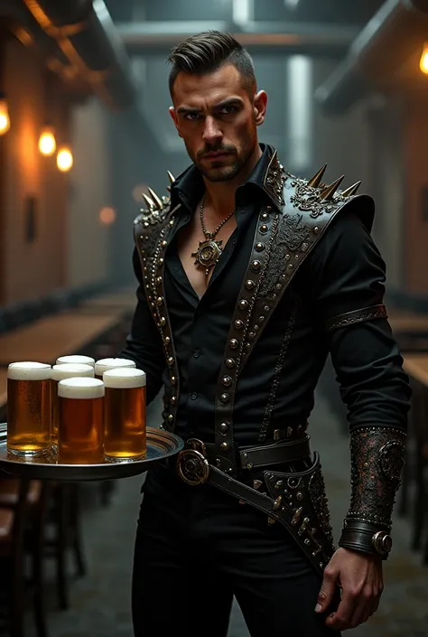  male waiter dressed in black metal style clothing, holding a tray with beers 