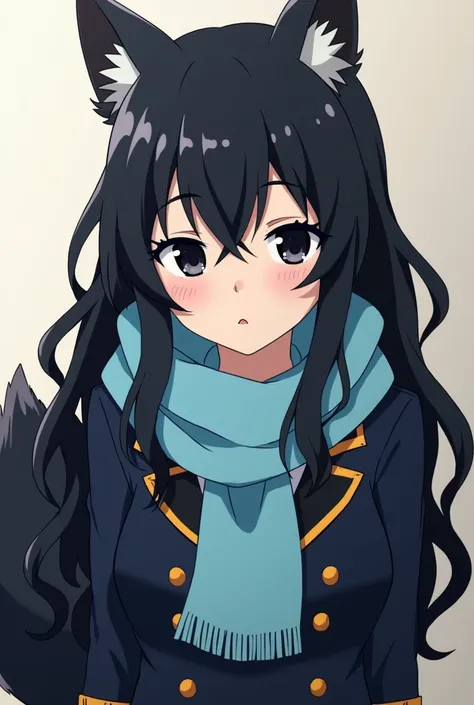  screenshot by Kimetsu no Yaiba
a 15-year-old girl , half wolf( with wolf ears and tail), long black wavy hair, long bangs ,  black eyes, a light blue scarf ,That he is wearing the uniform of the Demon Hunters Company(de kimetsu no yaiba) 