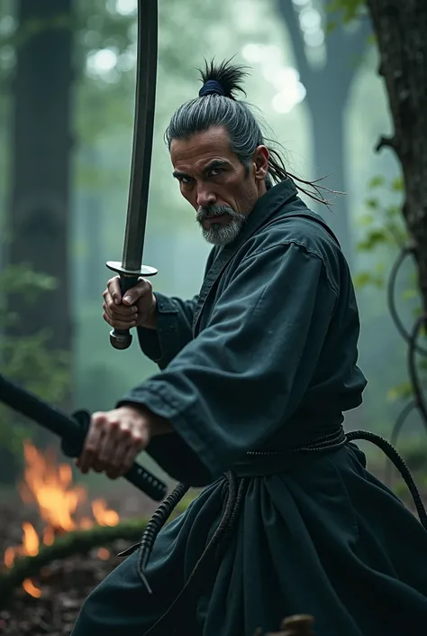 samurai in 4k with scars on his arm , GREY hair,   fighting with a sharp-pointed sword in his hand on a lighted sports court, blurry lens cinematic scene  