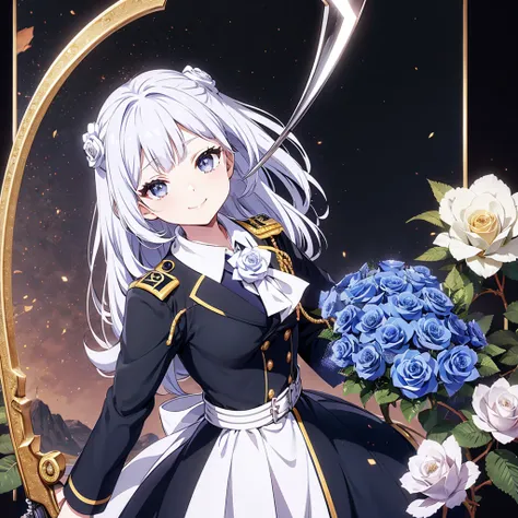 1gir( pretty face、Baby Face、Chibi、 cute、 cute死神、 milky white to rose gradation hair color、Hairstyle with bangs raised up 、 big eyes、 white skin、 best smile 、White eyelashes、 black military uniform、military uniform、（Holding a scythe：1.3））、quality(最高quality、...