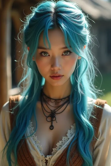 Close-up, Asian woman, Sky Blue hair, closed mouth, rustic medieval peasant outfit, dynamic pose, complex fantasy character, NSFW, cinematic lighting, fantasy, magic, detailed background, in a small rustic medieval village, best quality, HDR, 8k, photoreal...