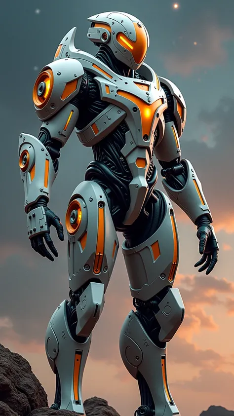 The most perfect style mechanical alien-x armor, intricate detail, super armor of the phoenix armada, super complex engine part, gray and orange color, cosmic sky. 