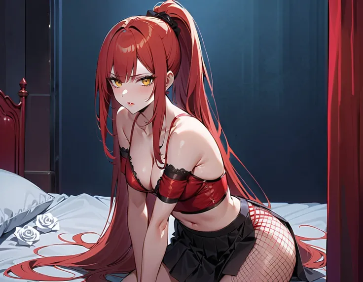 Long red hair, yellow eyes, evil, sexy, red sexy transparent lingerie, seductive, skirt, sexy pose, rose lipstick, black room, bed, blood, white roses, fishnet, ponytail, front, night, sensual, straigh hair cut, clear skin, evil, young 30 years girl, adult...