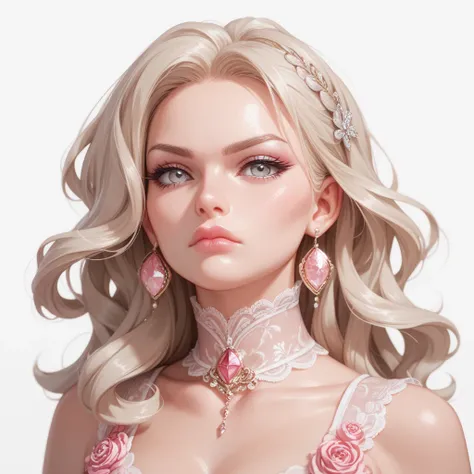 Full body front image on white background,  Beautiful woman with long wavy platinum blonde hair, light gray eyes, in a serious face,voluminous lips, Big closed mouth, Light pink mouth with gloss glitter, wearing a pink blouse with white lace details