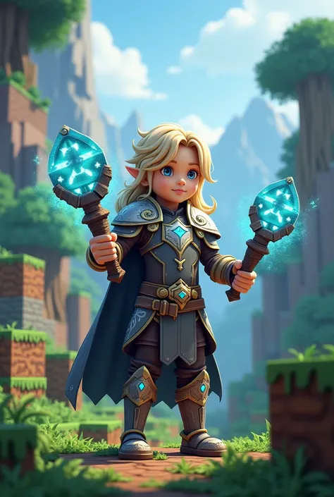 An unges girl with blond hair  . is enchanted armor and two enchanted branches in her hands in Minecraft 