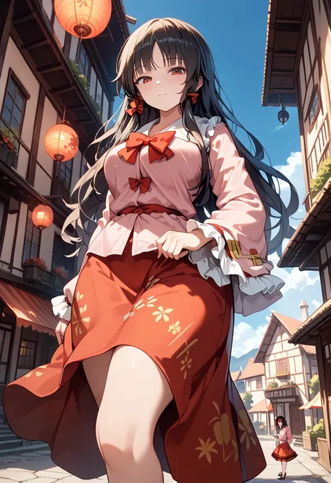 1girl, solo, Kaguya Houraisan, Touhou Project, amazon, mini-giantess, tall girl, towering, black hair, long hair, (large boobs), (curvy figure), low POV, light blush, fair-skinned, long sleeves, red skirt, pink shirt, exposed thigh, looking down at viewer,...