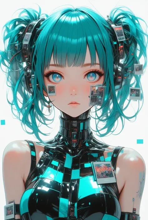 futuristic portrait of a young girl with teal blue hair styled in twin tails and straight bangs, wearing a shiny, black and teal checker-patterned outfit.
The design includes holographic and metallic elements.
Her face is adorned with small Polaroid-style ...