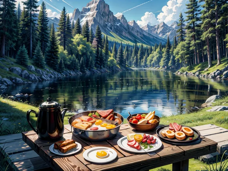 A serene campsite by the lakeside. In the foreground, a cast-iron skillet sits on a rock, sizzling with freshly cooked bacon and sunny-side-up eggs, steaming and ready to eat. The background features a tranquil lake and lush green forest, bathed in the sof...