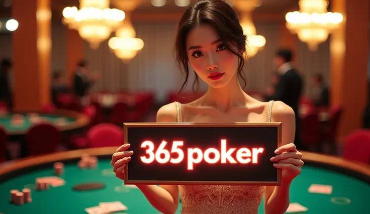 A beautiful and sexy Korean woman in a dress is holding a signboard with the words "365POKER" written on it. There is a poker table in the background.