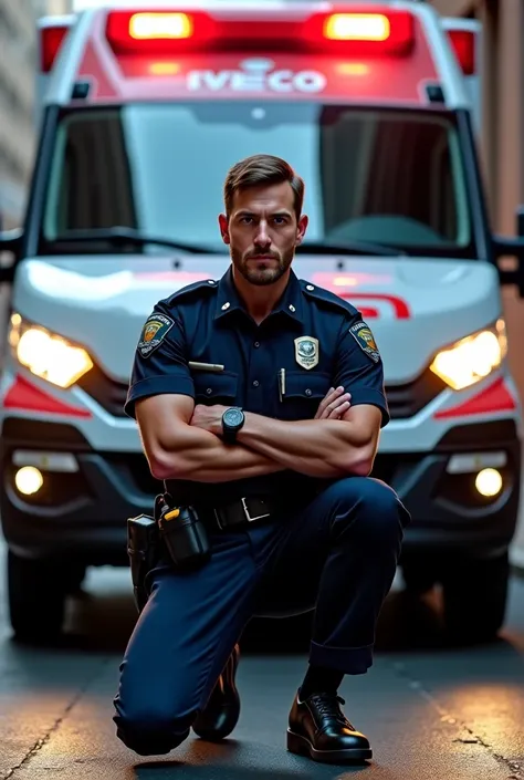 Male police officer is kneeling in a dynamic and dramatic position in front of an Iveco ambulance,  in front 