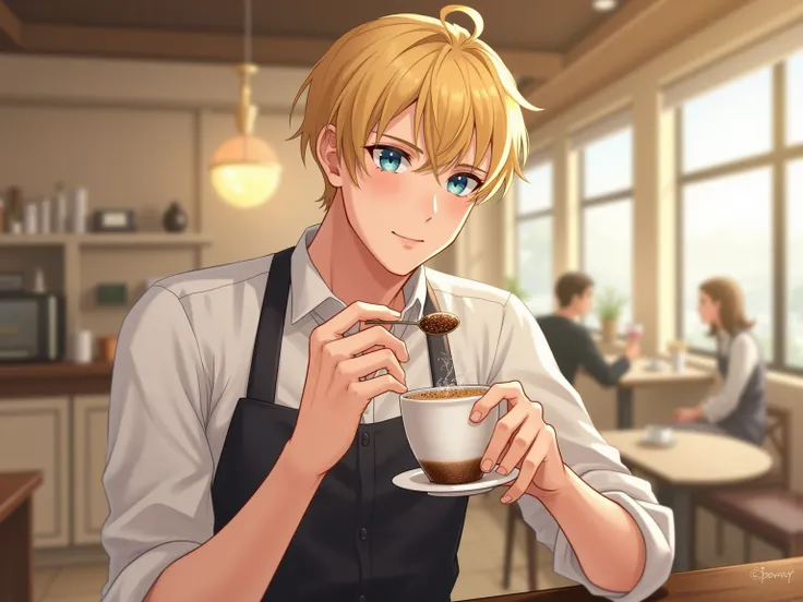 blond haired and blue-eyed waiter tasting sparkling coffee with a spoon that he puts in his mouth   