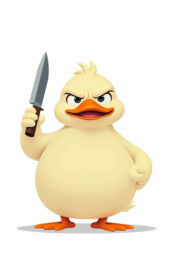 Create a 2D cartoon duck image with flat ,  design elements but with the use of light shading holding an angry knife and with a completely white background 