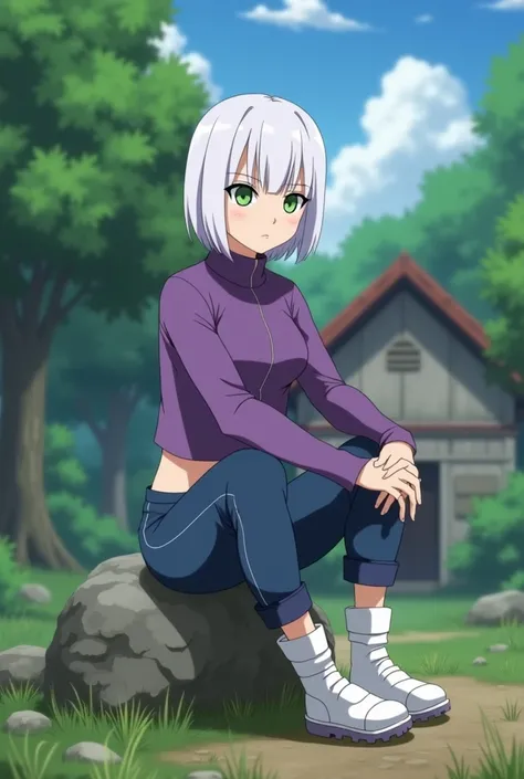 Female Character from Naruto: short white hair,  green eyes,  she wears a purple long sleeve shirt ,  she wears blue jeans and white boots , (muscular .perfect waist ),  she has a very muscular body because she trains a lot .  she is sitting on a rock in a...