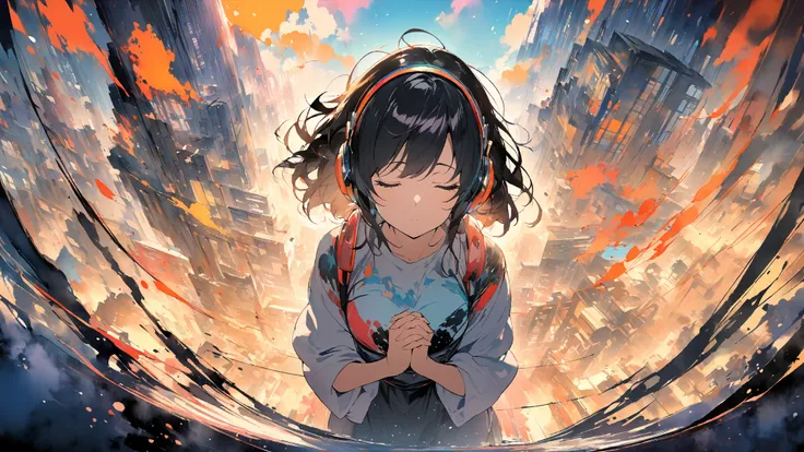  1 woman, black hair, hands clasped in awe ,  urban background 、listen to music、 close your eyes、 headphones（watercolor）（Blurred outline）（ bright colors）（ very delicate lines）（masterpiece）（ wonderful atmosphere ）（Very high quality ）（Three-dimensional paint...