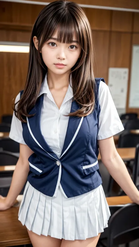 Product quality, 1 girl,( shooting from below:1.4),( Taimo emphasis:1.4), Japanese young and pretty girl,Daytime, (High school classroom:1.2),(Short sleeve shirt:1.3),( sailor suit:1.3),( blazer:1.3), (White ultra mini pleated skirt:1.5),( skirt flip,No pa...