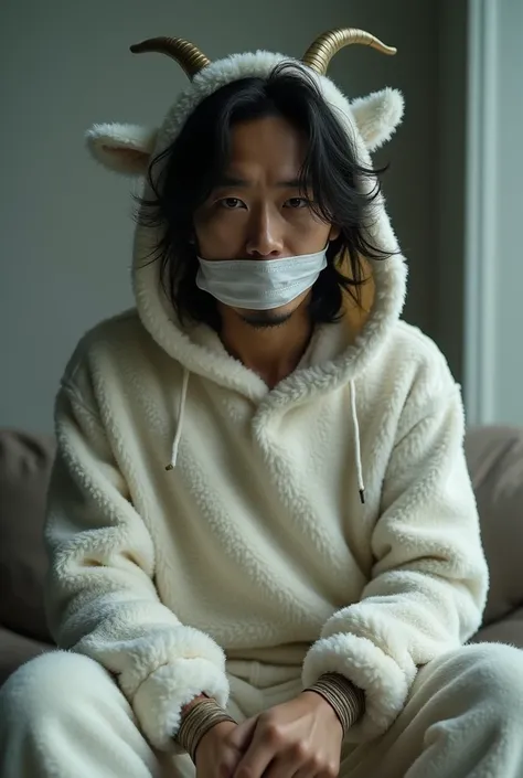 Asian man with a short beard and long hair. He is wearing a goat Onesie, and is gagged and tied up