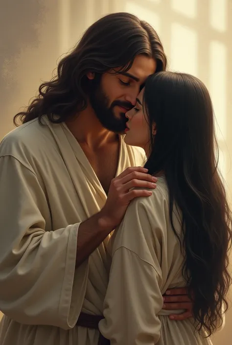  Jesus comforting the black-haired woman, medium size, straight hair, Dont show the face of the woman 