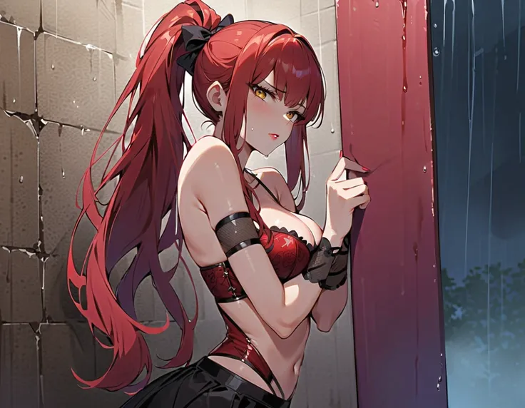 Long red hair, yellow eyes, evil, sexy, red sexy transparent lingerie, seductive, skirt, sexy pose, rose lipstick, black room, rain, wet, wall, blood, white roses, fishnet, ponytail, front, night, sensual, straigh hair cut, clear skin, evil, young 30 years...