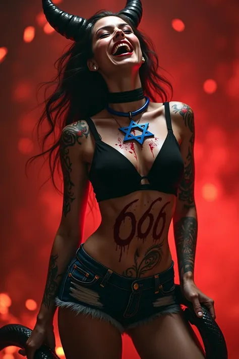 Rompts

Copy prompts

An evil woman In hell with a red fire background and an evil sign With a big, thick blue Star of David necklace With a lot of evil tattoos on her arms and legs The number 666 is written in blood on her stomach with horns Evil laugh wi...