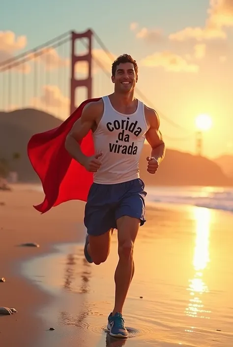 Superman celebrating Happy New Year dressed in running clothes, running, Beach and a bridge in the background , short, tennis, , (((Corrida da Virada in front of the white tank top))), sunrise, ((Pixar style))