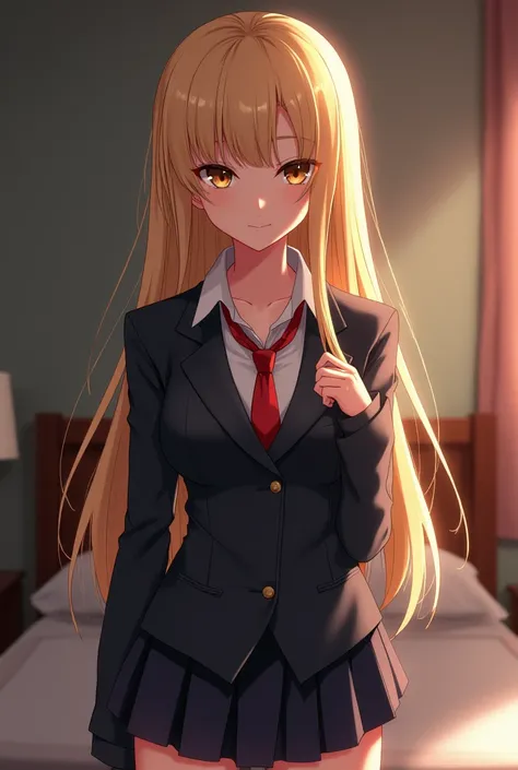 1girl, High Resolution, Solo, Long Hair, Looking at viewer, Breasts, Blonde Hair, Brown eyes, High School Uniform, Sharp Jawline, Piercing eyes, Bedroom background, Intimidating, Anime