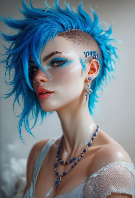 Beautiful 25 year old girl, White skin Short punk style hair with blue highlights