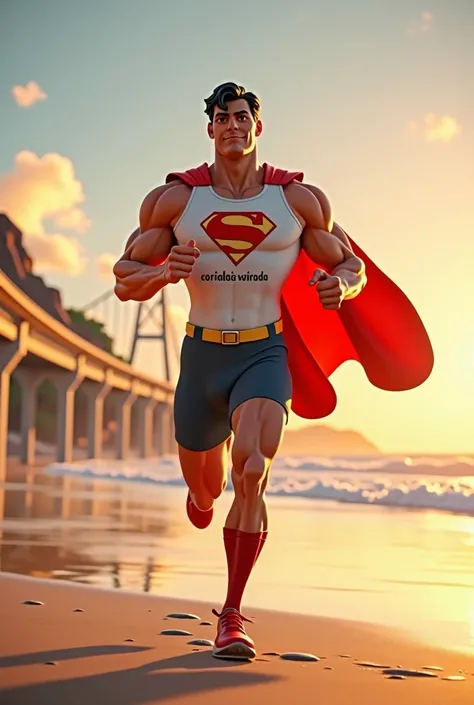 Superman celebrating Happy New Year dressed in running clothes, running, Beach and a bridge in the background , short, tennis, , (((Corrida da Virada in front of the white tank top))), sunrise, ((Pixar style))