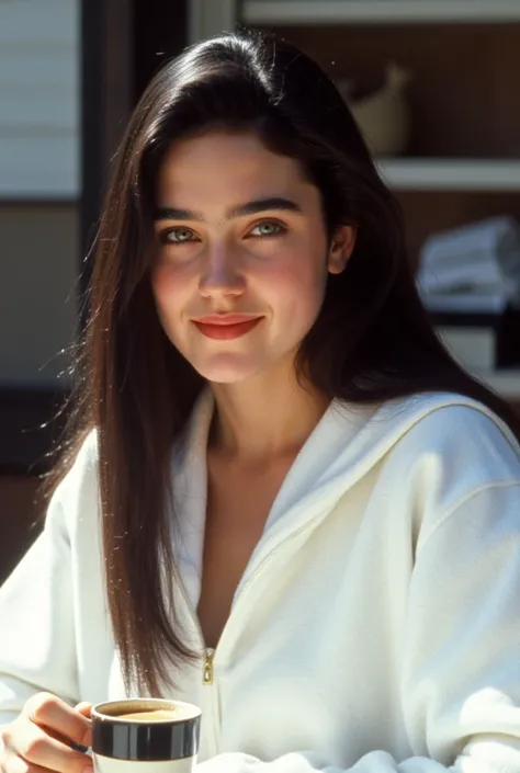 Front view, her beautiful profile, a very lovely girl with glossy long straight black hair, (Jennifer Connelly at age 14:1.5), adorable face, joyful smile, She is drinking coffee., thin eyebrows, she wears in a white hoodie., she has a flawless pale skin.,...