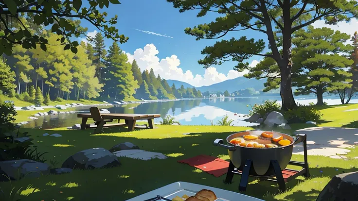 A serene campsite by the lakeside. In the foreground, a cast-iron skillet sits on a rock, sizzling with freshly cooked bacon and sunny-side-up eggs, steaming and ready to eat. The background features a tranquil lake and lush green forest, bathed in the sof...