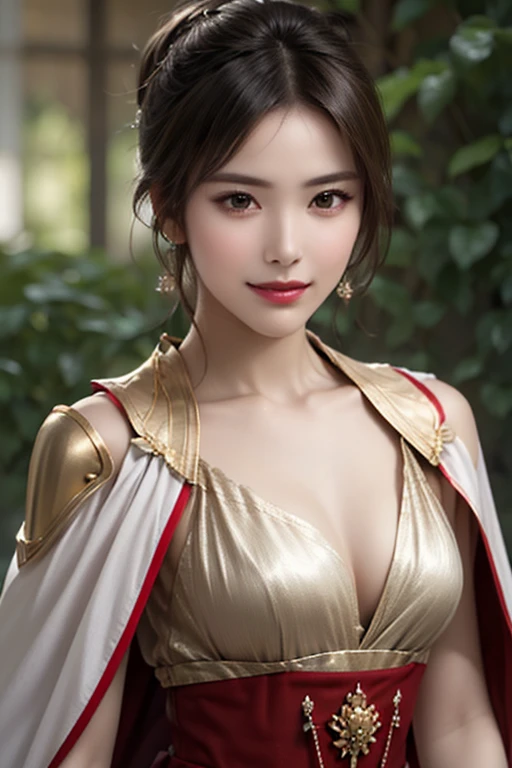 ((The upper body of a female warrior wearing gold and red light armor and a cloak:1.5)),1 person,  black hair,  belly shortcut   ,Big breasts and cleavage,  high-definition face and skin texture  ,  staring at the camera,   Chinese Warrior:1.2,  perfect be...