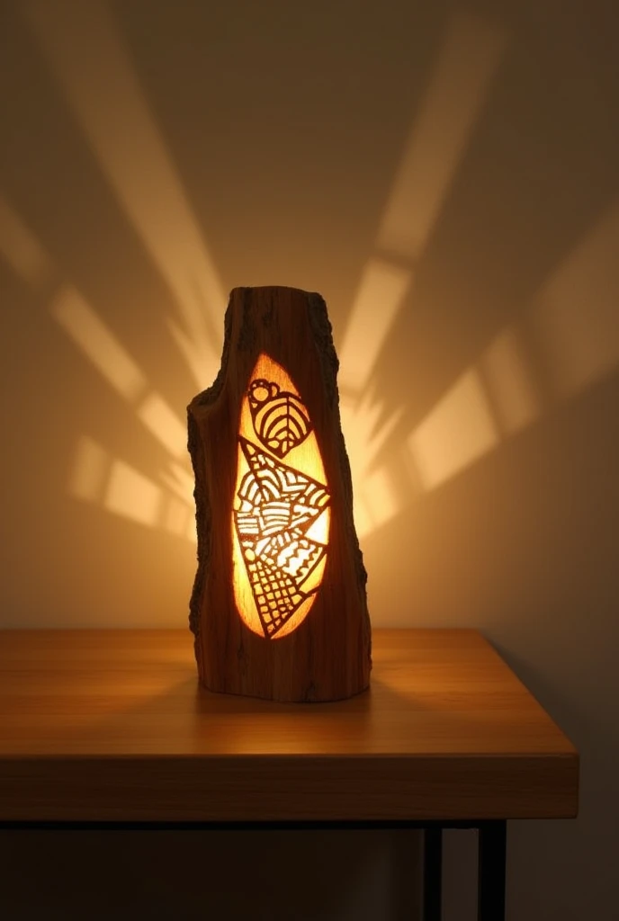 1. **handmade lamp**  
" A handmade lamp made of rustic wood with hand-carved details .  Its soft and warm light crosses a sculpted geometric design , creating an artistic shadow effect on the wall .  The piece is on a minimalist wooden table in a warm and...