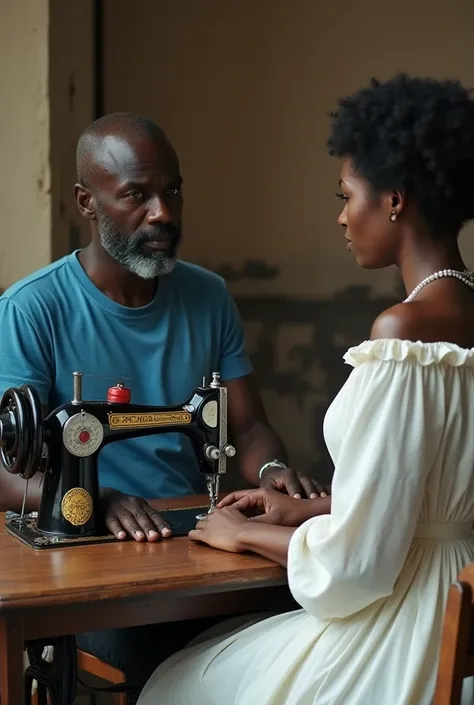 Une affiche de film : Un pauvre couturier noir, habillé en vieux t-shirt bleu, assis devant sa machine à coudre et une femme noire en robe de marié blanche qui fait face au couturier. Il est écrit sur laffiche : "Cheikh"