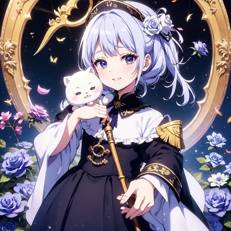 1gir( pretty face、Baby Face、Chibi、 cute、 cute死神、 milky white to rose gradation hair color、Hairstyle with bangs raised up 、 big eyes、 white skin、 best smile 、White eyelashes、 black military uniform、military uniform、（Holding a scythe：1.3））、quality(最高quality、...