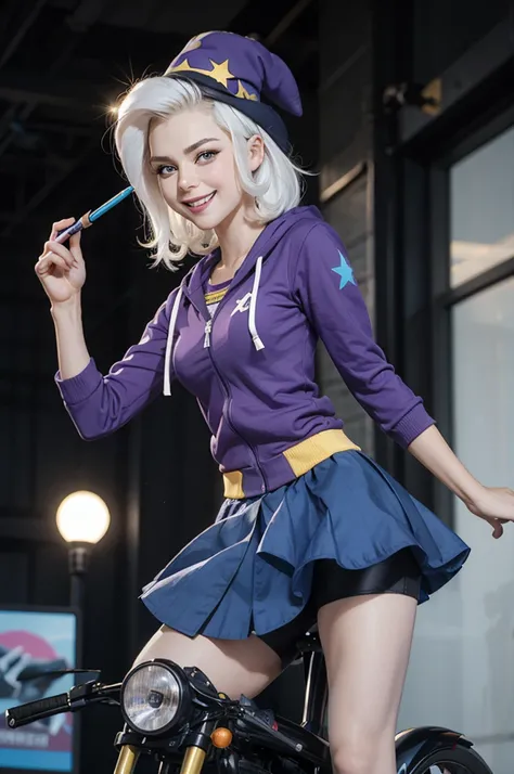 mlptrixie, white hair, wizard hat, purple eyes, colored skin, blue skin, star hair ornament, blue hoodie, purple skirt, looking at viewer, serious, grin, medium shot, action pose, holding a wand, on stage, bright lighting, high quality, masterpiece,  , Tri...