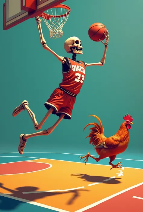 As a basketball skeleton putting the ball in the basket with his hand and behind he puts a running chicken 