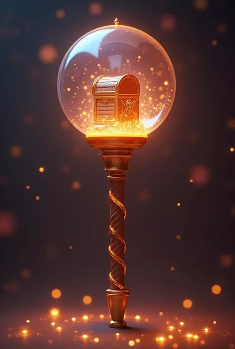 A kpop lightstick,  the handle is brown with a single gold line swirling around the handle and the top is a clear globe with a open treasure box inside the globe, 3D