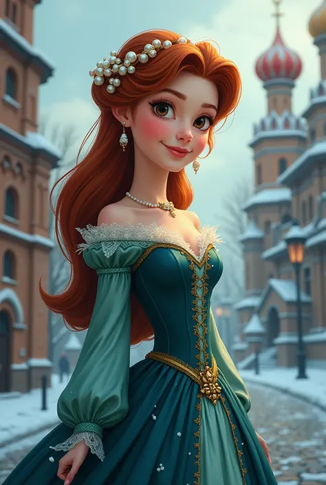 Still not Russian empress dress... Make it less cartoonish but not too realistic. She should look like the cartoon "Anastasia". 