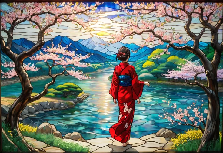   stained glass、cherry blossoms、 着物姿のwoman、woman&#39;Show me S size  、Highlight cherry blossoms 、  river flowing、散るcherry blossoms、Gross、 womanの背面、Fleeting、 fine trees and cherry blossoms