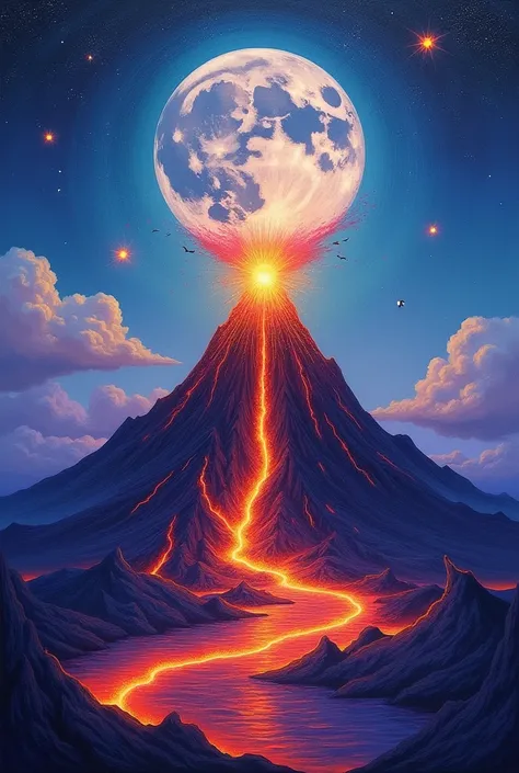  Create a painting with shades of purple as a base .  In the center a volcano with shades of blue ,  with lava flowing with shades of orange ,  yellow drawn to gold and red ;  with a silver moon with shades of gold surrounding the volcano.  In the sky ther...