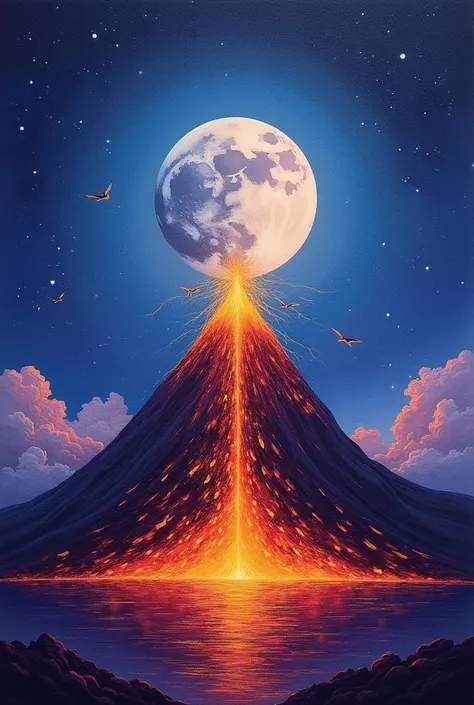  Create a painting with shades of purple as a base .  In the center a volcano with shades of blue ,  with lava flowing with shades of orange ,  yellow drawn to gold and red ;  with a silver moon with shades of gold surrounding the volcano.  In the sky ther...