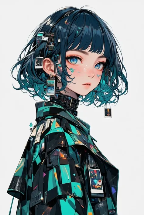 futuristic portrait of a young girl with darkblue hair styled in wavy-short hair and bangs,bold eyebrows,navy irises. wearing a shiny, black and teal checker-patterned outfit.
The design includes holographic and metallic elements.
Her face is adorned with ...