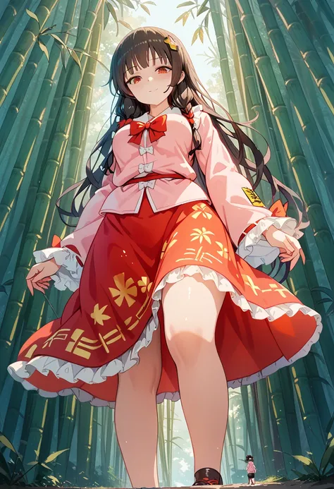 1girl, solo, Kaguya Houraisan, Touhou Project, amazon, mini-giantess, tall girl, towering, black hair, long hair, (large boobs), (curvy figure), low POV, light blush, fair-skinned, long sleeves, red skirt, pink shirt, looking down at viewer, standing, outd...