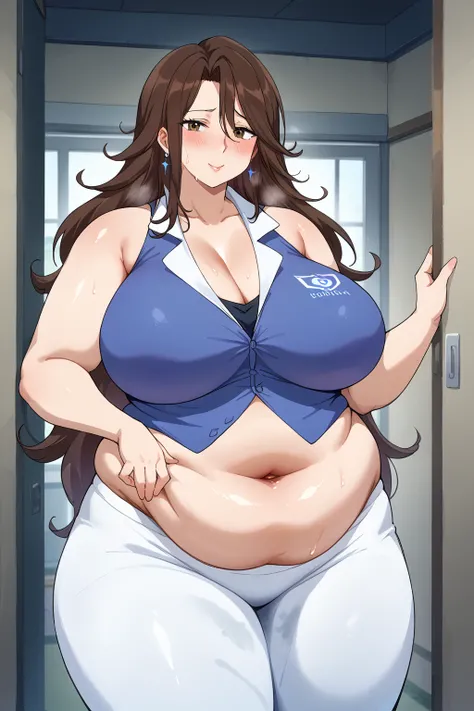  Sumeragi Lee Noriega ,  Sumeragi Lee Noriega ,blue shirt, sleeveless ,A shirt with a wide open neckline,White trousers,Exposed navel,Obese middle-aged woman, troubled expression, embarrassing expression ,milf, chubby, king bang , Im sweating a lot,A woman...