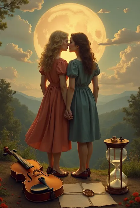  Create a cover of a movie, in romantic style ,  design of two people ,  a blonde girl and a brown girl , standing in front of a landscape with our backs stuck together,  not to see their faces ,  detail of an hourglass ,  details of a ring ,  a letter wit...