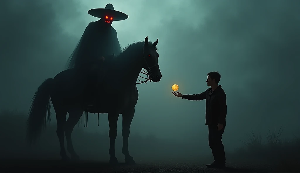 the black charro, with glowing red eyes, his enraged horse ,  surrounded by a thick dark fog ,  offering a gold coin to a terrified traveler.